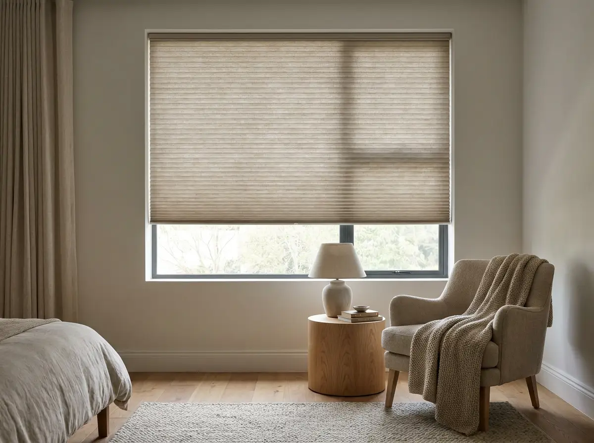 Honeycomb cellular blind showing its insulating cell structure in a Hyde Park bedroom
