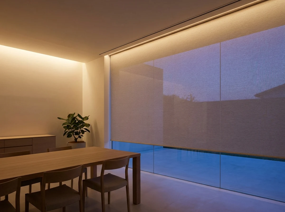 Concealed roller blind dropping from a hidden ceiling slot in a Hyde Park dining room