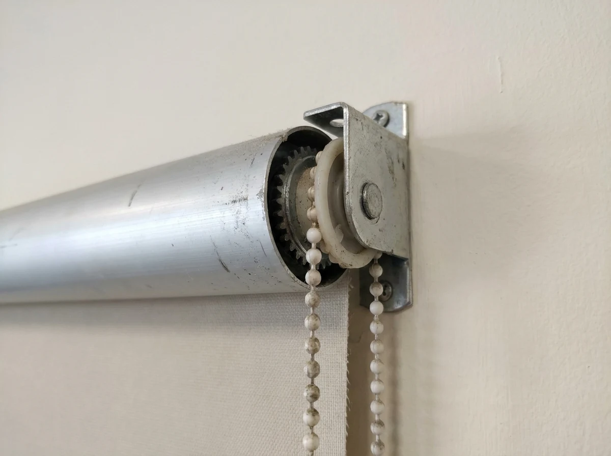 Close detail of a roller blind headrail and control chain mechanism — repairs and restringing in Hyde Park