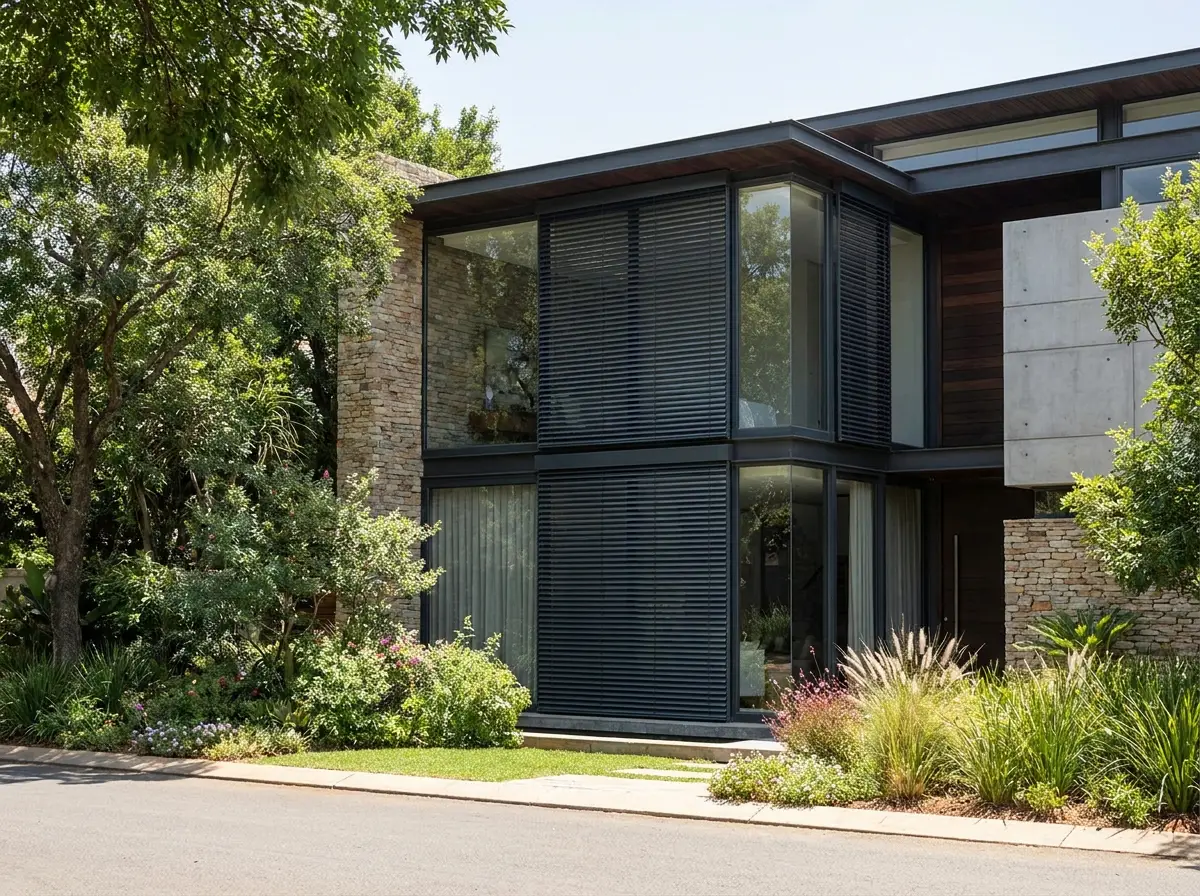 External aluminium venetian louvres shading a Hyde Park home's facade at midday