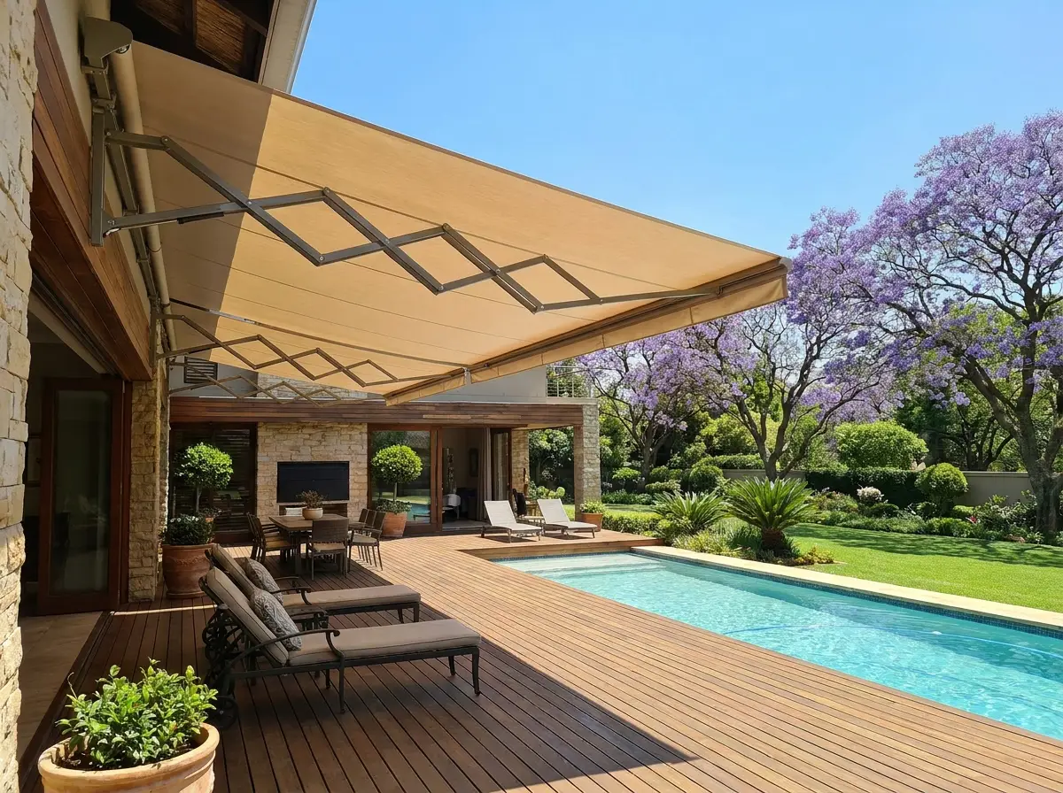 Folding-arm awning shading a poolside deck in a Hyde Park garden