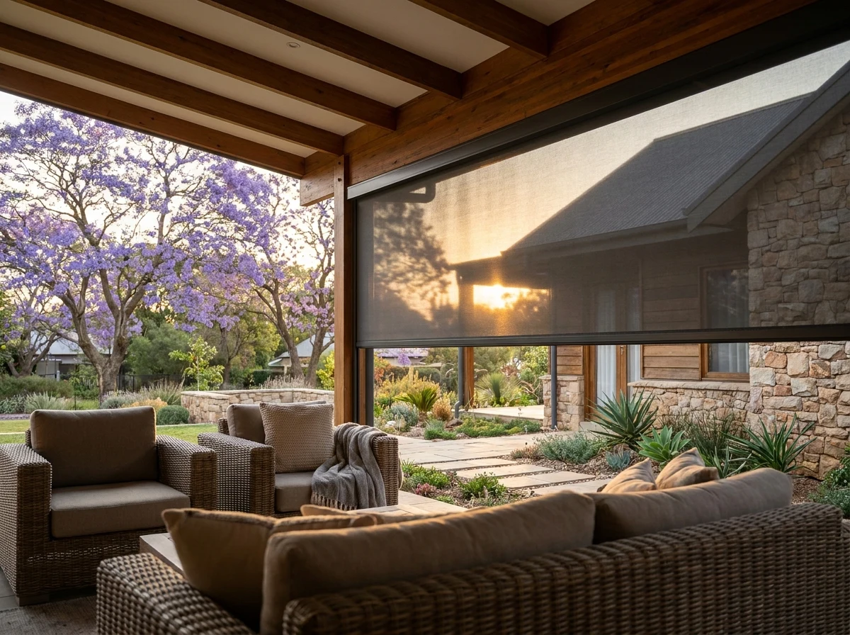 Covered Hyde Park patio with a zip-track outdoor screen looking onto a landscaped garden