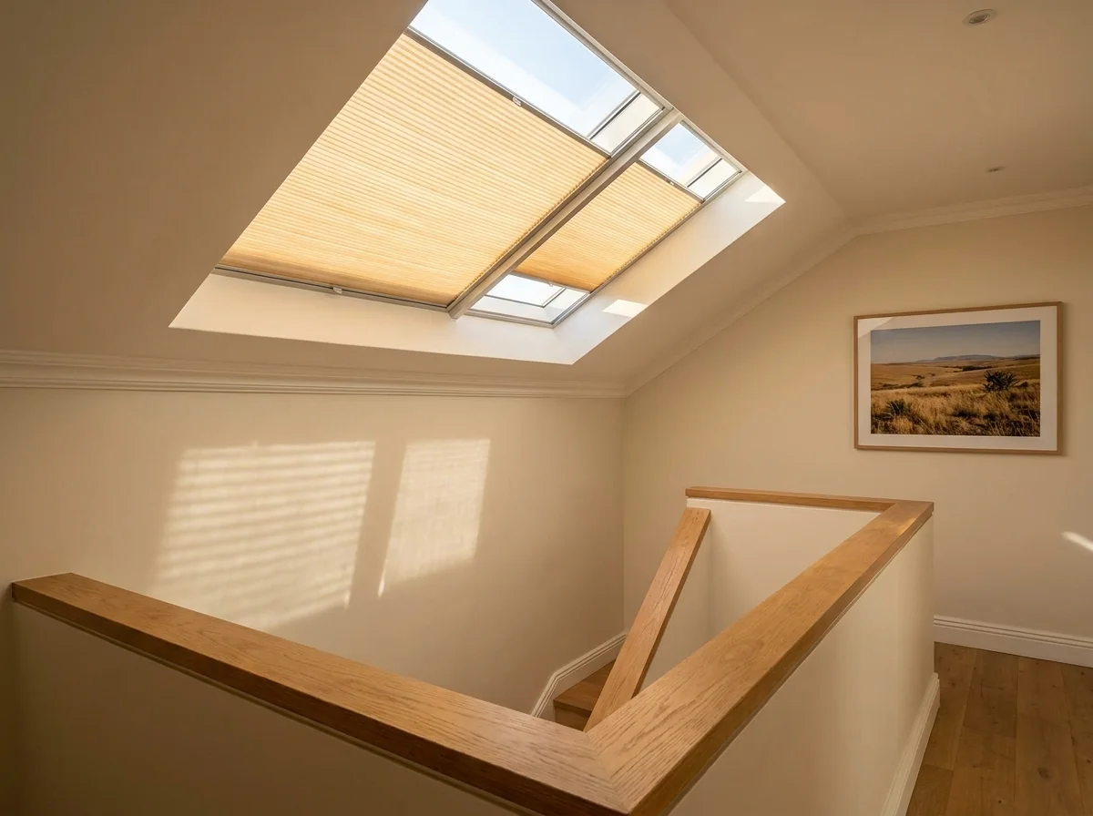 Honey-toned pleated blinds fitted flush inside twin pitched skylights above a Hyde Park stairwell landing, filtering afternoon sun