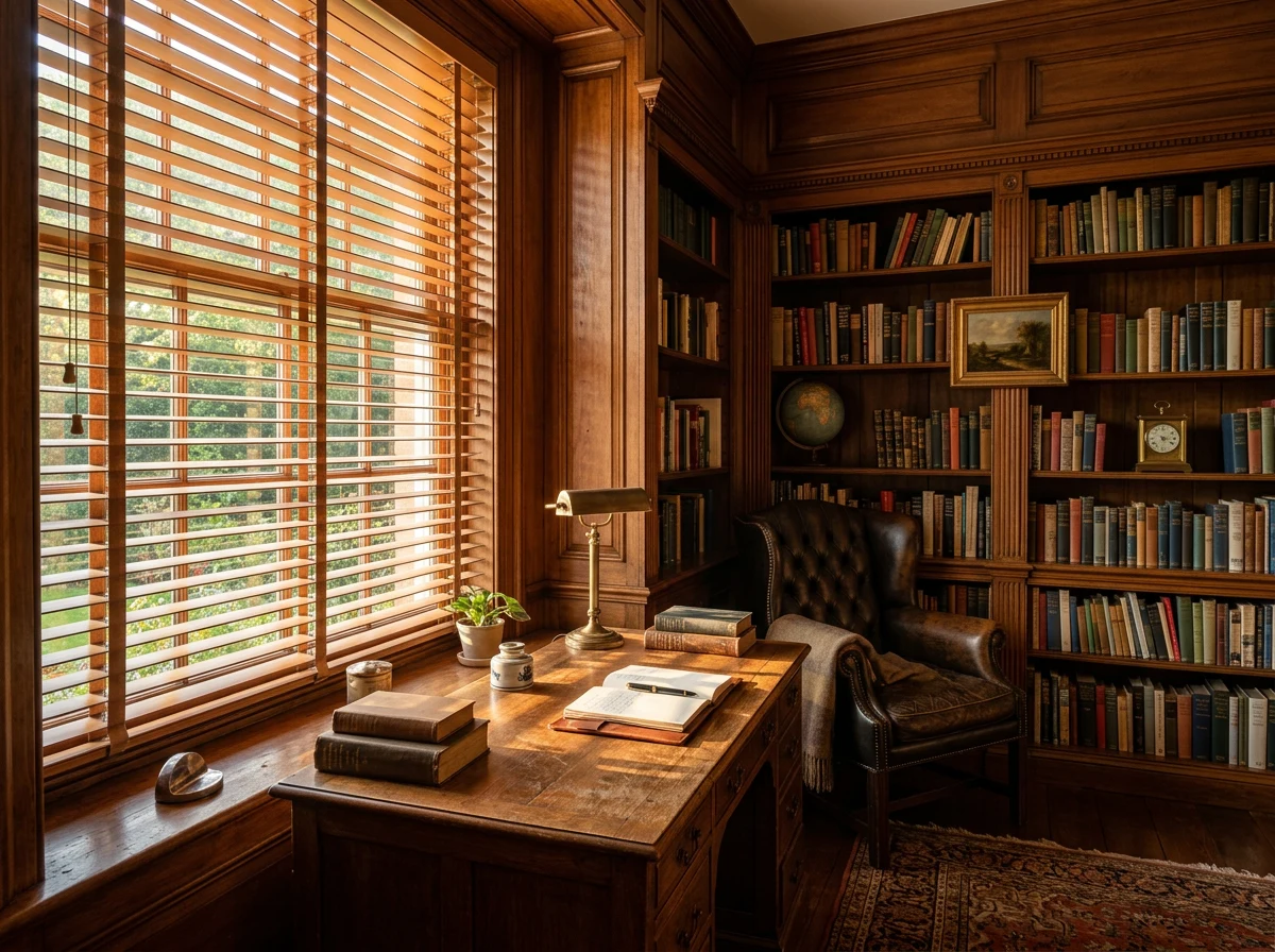 Timber basswood venetian blinds tilted open over a writing desk in a warm-toned Hyde Park study
